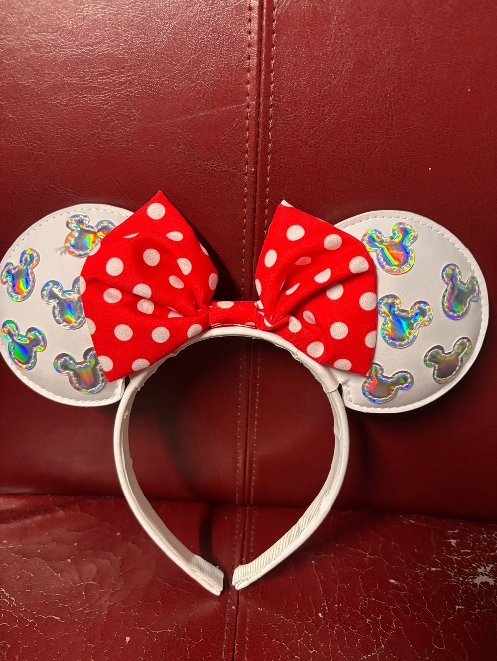 Disney Minnie Mouse Ears Headband with Red Polka Dot Bow and Holographic Mickeys